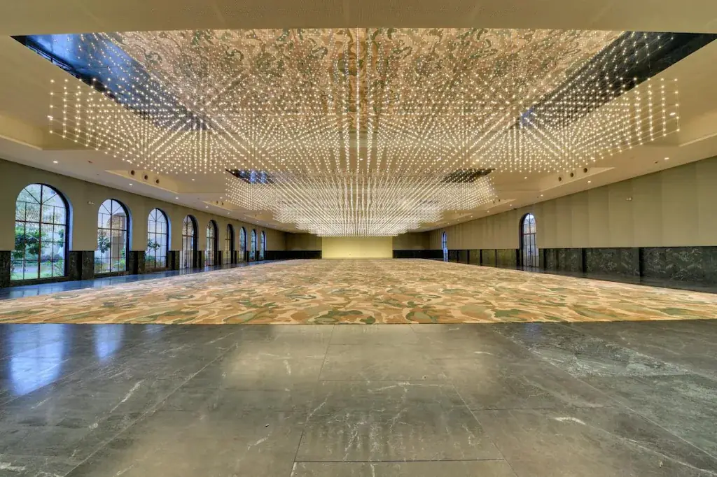 A ballroom with a crystal-lit ceiling